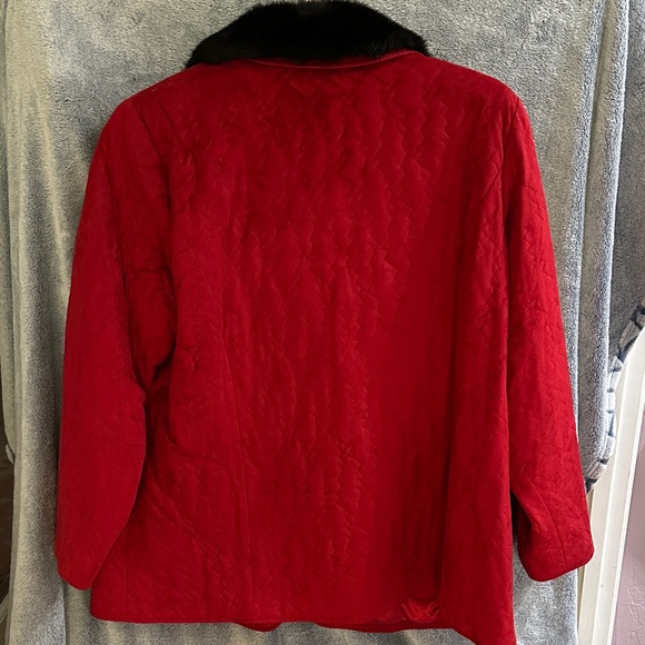 Dennis Basso Red Teddy Jacket with Black Faux Fur Collar - Picture 2 of 3